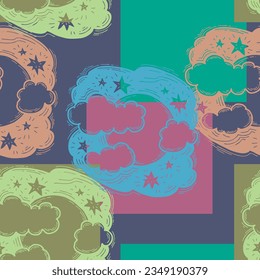 Starry night seamless vector pattern with moon, stars and clouds. Boho style decorative background for wallpaper, digital paper, wrapping design, fashion fabric, textile print. Hand drawn illustration