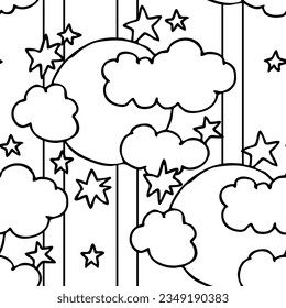 Starry night seamless vector pattern with moon, stars and clouds. Boho style decorative background for wallpaper, digital paper, wrapping design, fashion fabric, textile print. Hand drawn illustration