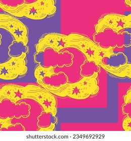 Starry night seamless vector pattern with moon, stars and clouds. Boho style decorative background for wallpaper, digital paper, wrapping design, fashion fabric, textile print. Hand drawn illustration
