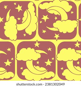 Starry night seamless vector pattern with moon, stars and clouds. Boho style decorative background for wallpaper, digital paper, wrapping design, fashion fabric, textile print. Hand drawn illustration