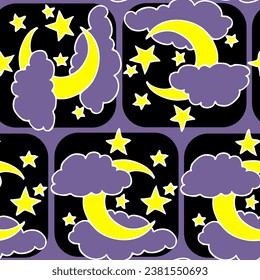 Starry night seamless vector pattern with moon, stars and clouds. Boho style decorative background for wallpaper, digital paper, wrapping design, fashion fabric, textile print. Hand drawn illustration