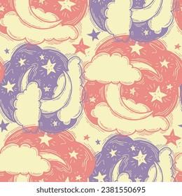 Starry night seamless vector pattern with moon, stars and clouds. Boho style decorative background for wallpaper, digital paper, wrapping design, fashion fabric, textile print. Hand drawn illustration