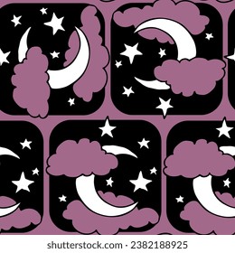 Starry night seamless vector pattern with moon, stars and clouds. Boho style decorative background for wallpaper, digital paper, wrapping design, fashion fabric, textile print. Hand drawn illustration
