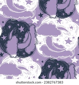 Starry night seamless vector pattern with moon, stars and clouds. Boho style decorative background for wallpaper, digital paper, wrapping design, fashion fabric, textile print. Hand drawn illustration
