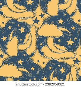 Starry night seamless vector pattern with moon, stars and clouds. Boho style decorative background for wallpaper, digital paper, wrapping design, fashion fabric, textile print. Hand drawn illustration