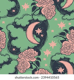 Starry night seamless vector pattern with moon, stars and clouds. Boho style decorative background for wallpaper, digital paper, wrapping design, fashion fabric, textile print. Hand drawn illustration