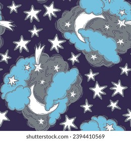 Starry night seamless vector pattern with moon, stars and clouds. Boho style decorative background for wallpaper, digital paper, wrapping design, fashion fabric, textile print. Hand drawn illustration