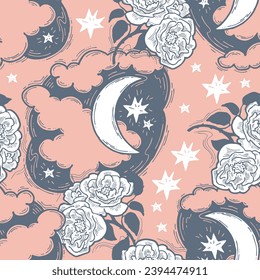 Starry night seamless vector pattern with moon, stars and clouds. Boho style decorative background for wallpaper, digital paper, wrapping design, fashion fabric, textile print. Hand drawn illustration