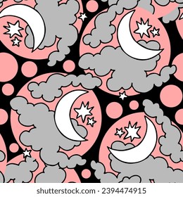 Starry night seamless vector pattern with moon, stars and clouds. Boho style decorative background for wallpaper, digital paper, wrapping design, fashion fabric, textile print. Hand drawn illustration