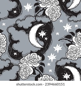 Starry night seamless vector pattern with moon, stars and clouds. Boho style decorative background for wallpaper, digital paper, wrapping design, fashion fabric, textile print. Hand drawn illustration