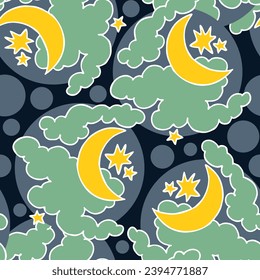 Starry night seamless vector pattern with moon, stars and clouds. Boho style decorative background for wallpaper, digital paper, wrapping design, fashion fabric, textile print. Hand drawn illustration