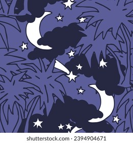 Starry night seamless vector pattern with moon, stars and clouds. Boho style decorative background for wallpaper, digital paper, wrapping design, fashion fabric, textile print. Hand drawn illustration