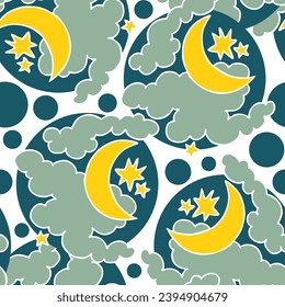 Starry night seamless vector pattern with moon, stars and clouds. Boho style decorative background for wallpaper, digital paper, wrapping design, fashion fabric, textile print. Hand drawn illustration