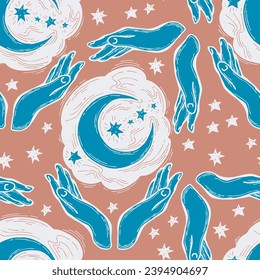 Starry night seamless vector pattern with moon, stars and clouds. Boho style decorative background for wallpaper, digital paper, wrapping design, fashion fabric, textile print. Hand drawn illustration