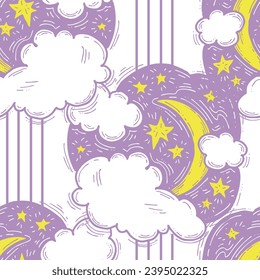 Starry night seamless vector pattern with moon, stars and clouds. Boho style decorative background for wallpaper, digital paper, wrapping design, fashion fabric, textile print. Hand drawn illustration