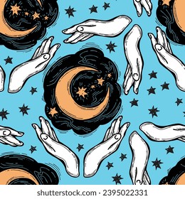 Starry night seamless vector pattern with moon, stars and clouds. Boho style decorative background for wallpaper, digital paper, wrapping design, fashion fabric, textile print. Hand drawn illustration