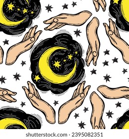 Starry night seamless vector pattern with moon, stars and clouds. Boho style decorative background for wallpaper, digital paper, wrapping design, fashion fabric, textile print. Hand drawn illustration