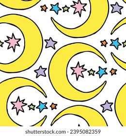 Starry night seamless vector pattern with moon, stars and clouds. Boho style decorative background for wallpaper, digital paper, wrapping design, fashion fabric, textile print. Hand drawn illustration