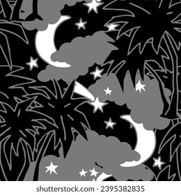 Starry night seamless vector pattern with moon, stars and clouds. Boho style decorative background for wallpaper, digital paper, wrapping design, fashion fabric, textile print. Hand drawn illustration