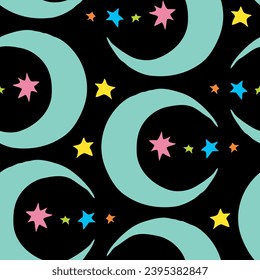 Starry night seamless vector pattern with moon, stars and clouds. Boho style decorative background for wallpaper, digital paper, wrapping design, fashion fabric, textile print. Hand drawn illustration