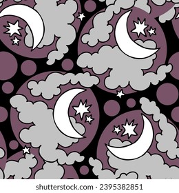 Starry night seamless vector pattern with moon, stars and clouds. Boho style decorative background for wallpaper, digital paper, wrapping design, fashion fabric, textile print. Hand drawn illustration
