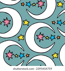 Starry night seamless vector pattern with moon, stars and clouds. Boho style decorative background for wallpaper, digital paper, wrapping design, fashion fabric, textile print. Hand drawn illustration