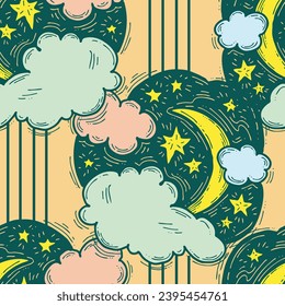 Starry night seamless vector pattern with moon, stars and clouds. Boho style decorative background for wallpaper, digital paper, wrapping design, fashion fabric, textile print. Hand drawn illustration