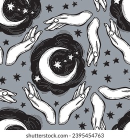 Starry night seamless vector pattern with moon, stars and clouds. Boho style decorative background for wallpaper, digital paper, wrapping design, fashion fabric, textile print. Hand drawn illustration
