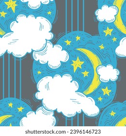 Starry night seamless vector pattern with moon, stars and clouds. Boho style decorative background for wallpaper, digital paper, wrapping design, fashion fabric, textile print. Hand drawn illustration