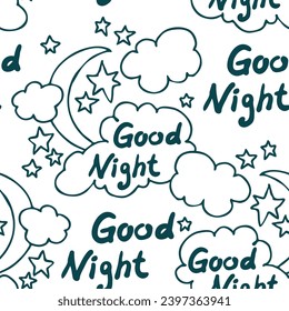 Starry night seamless vector pattern with moon, stars and clouds. Boho style decorative background for wallpaper, digital paper, wrapping design, fashion fabric, textile print. Hand drawn illustration