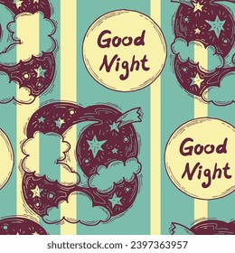 Starry night seamless vector pattern with moon, stars and clouds. Boho style decorative background for wallpaper, digital paper, wrapping design, fashion fabric, textile print. Hand drawn illustration