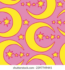 Starry night seamless vector pattern with moon, stars and clouds. Boho style decorative background for wallpaper, digital paper, wrapping design, fashion fabric, textile print. Hand drawn illustration