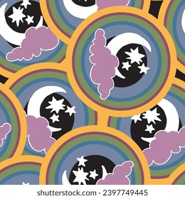 Starry night seamless vector pattern with moon, stars and clouds. Boho style decorative background for wallpaper, digital paper, wrapping design, fashion fabric, textile print. Hand drawn illustration