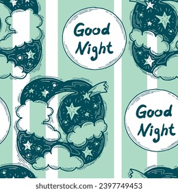 Starry night seamless vector pattern with moon, stars and clouds. Boho style decorative background for wallpaper, digital paper, wrapping design, fashion fabric, textile print. Hand drawn illustration