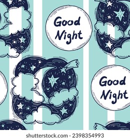 Patrón vectorial sin fisuras de noche estrellada con luna, estrellas y nubes. Fondo decorativo estilo boho para papel de pared, papel digital, diseño envolvente, tela de moda, impresión textil. Ilustración dibujada por mano