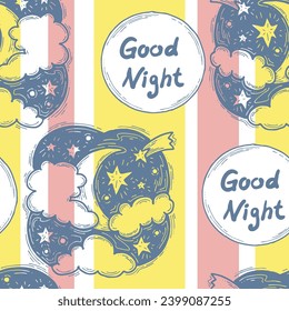 Starry night seamless vector pattern with moon, stars and clouds. Boho style decorative background for wallpaper, digital paper, wrapping design, fashion fabric, textile print. Hand drawn illustration