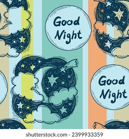 Starry night seamless vector pattern with moon, stars and clouds. Boho style decorative background for wallpaper, digital paper, wrapping design, fashion fabric, textile print. Hand drawn illustration