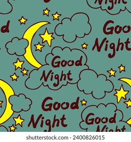Starry night seamless vector pattern with moon, stars and clouds. Boho style decorative background for wallpaper, digital paper, wrapping design, fashion fabric, textile print. Hand drawn illustration