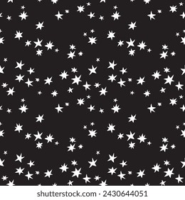 Starry night seamless vector pattern. Simple monochrome geometric ornament with stars for printing on different surfaces. Attractive texture for printing on fabric, wrapping, wallpapers etc.