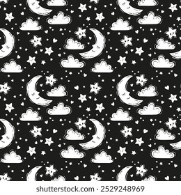Starry night seamless vector pattern. Simple monochrome cloudy night sky with smiling stars and crescent moon for children's design