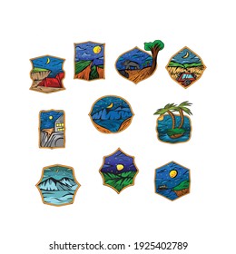 Starry night Set badge vector. Starry view with mountain illustration. Good for Merchandise.