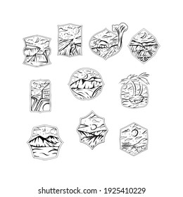 Starry night set badge vector. Starry view with mountain illustration. Good for Merchandise.
