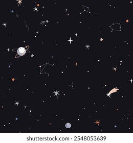 Histórico abstrato do céu da noite estrelada. Espaço padrão sem costura com estrelas, planetas e meteoros. Ilustração vetorial.