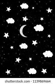 Starry Night Sky Abstract Vector Illustration. White Moon, Clouds and Stars. Black Grunge Background. Cute Childish Style. Simple Cosmos Design. Lovely Nursery Art. Cute Night Sky Infantile Wall Art  