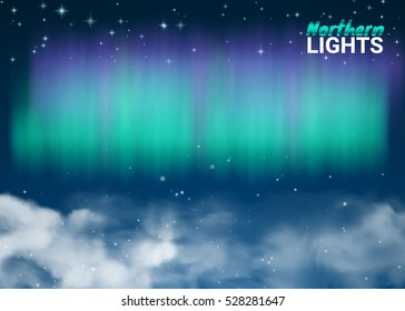 Starry Night Sky Aurora Beautiful Natural Effect for Design Projects. Deep Night Dark Sky Magic Fabulous with Clouds and Realistic Colored Northern or polar lights. Vector Illustration.