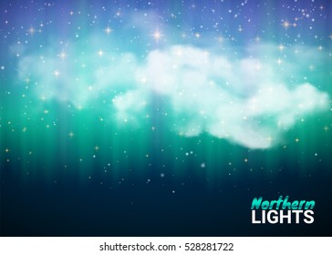 Starry Night Sky Aurora Beautiful Natural Effect for Design Projects. Deep Night Dark Sky Magic Fabulous with Clouds and Realistic Colored Northern or polar lights. Vector Illustration.