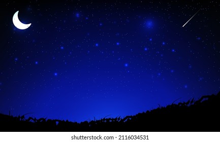 Starry Night Himmelhintergrund mit Halbmond und fallendem Stern. 
