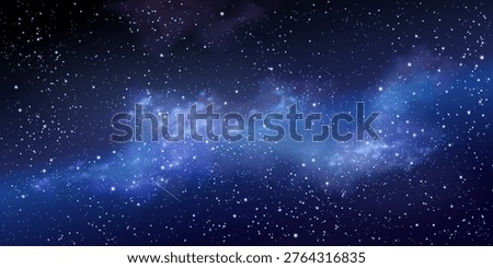 Starry night sky background with glowing stars, cosmic dust, and blue nebula clouds, abstract vector illustration. Magical space atmosphere, realistic sparkle effect and falling or flying meteor