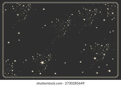 Fondo de cielo nocturno estrellado con estrellas dispersas y marco rectangular decorativo sobre fondo oscuro. Ilustración texturizada de Antiguas con patrón de espacio y centro vacío. Fondo cósmico y tema de astronomía para el diseño.