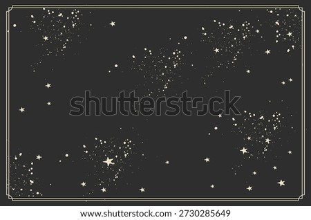 Starry night sky background with scattered stars and decorative rectangular frame on dark background. Vintage textured illustration with space pattern and empty center. Cosmic background and astronomy theme for design.